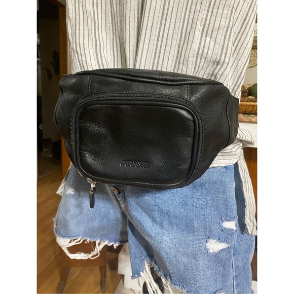 Fossil Handbags - FOSSIL vintage black leather fanny pack waist bag RARE